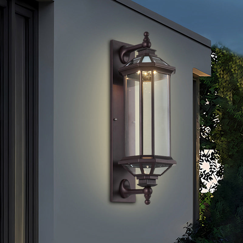 Traditional Vintage Octagonal Square Waterproof Glass Aluminum 1-Light Wall Sconce Lamp For Outdoor Patio | Bowlift