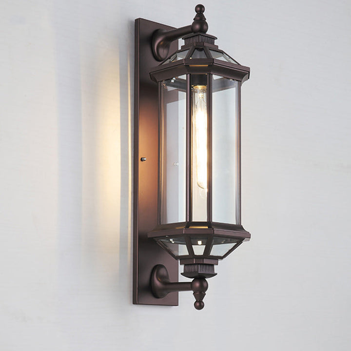 Traditional Vintage Octagonal Square Waterproof Glass Aluminum 1-Light Wall Sconce Lamp For Outdoor Patio | Bowlift