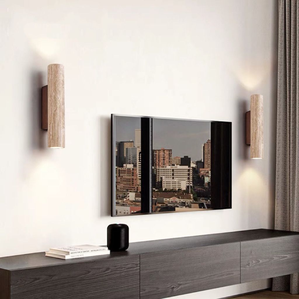 BowLift | Nordivea Travertine Wall Light | Scandinavian Design | 2-Light | Wood & Travertine