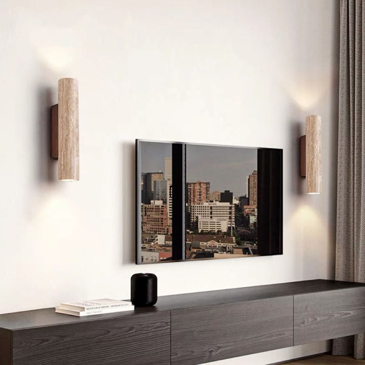 BowLift | Nordivea Travertine Wall Light | Scandinavian Design | 2-Light | Wood & Travertine