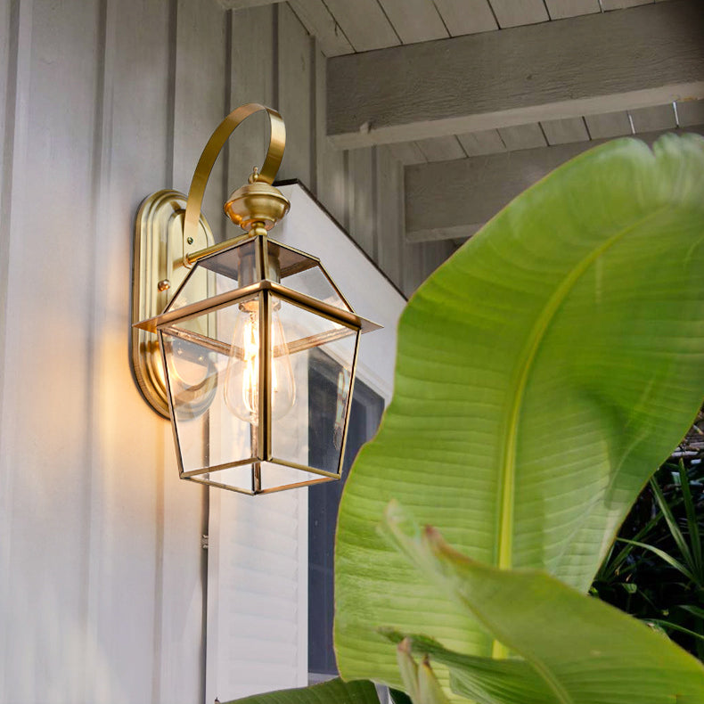 Contemporary Nordic Hexagonal Bell Waterproof Glass Brass 1-Light Wall Sconce Lamp For Outdoor Patio | Bowlift