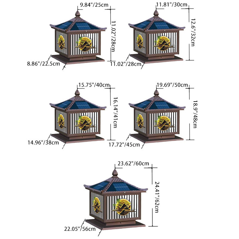 Traditional Chinese Solar Waterproof Aluminum PC Glass Pine Tree Square Cylinder LED Landscape Lighting Outdoor Light For Outdoor Patio | Bowlift