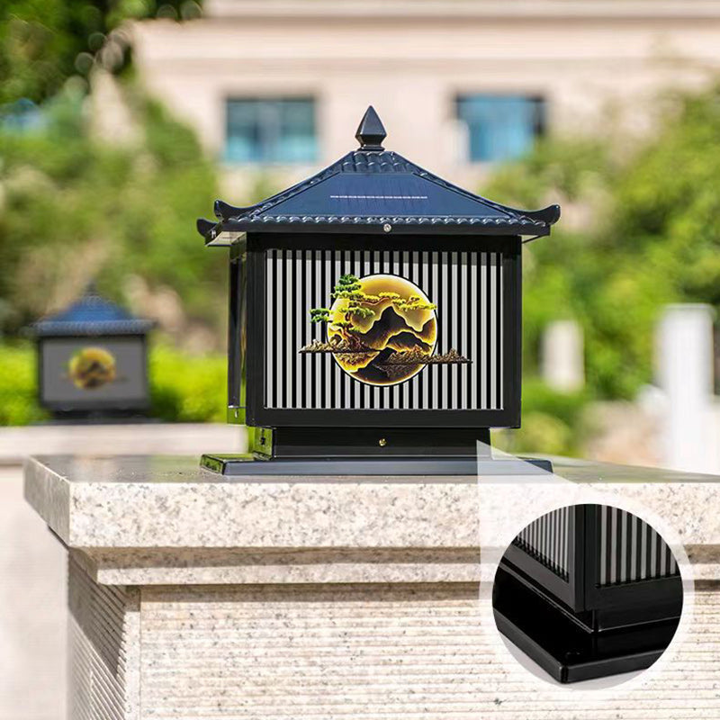 Traditional Chinese Solar Waterproof Aluminum PC Glass Pine Tree Square Cylinder LED Landscape Lighting Outdoor Light For Outdoor Patio | Bowlift
