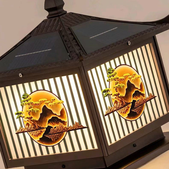 Traditional Chinese Solar Waterproof Aluminum PC Glass Pine Tree Square Cylinder LED Landscape Lighting Outdoor Light For Outdoor Patio | Bowlift