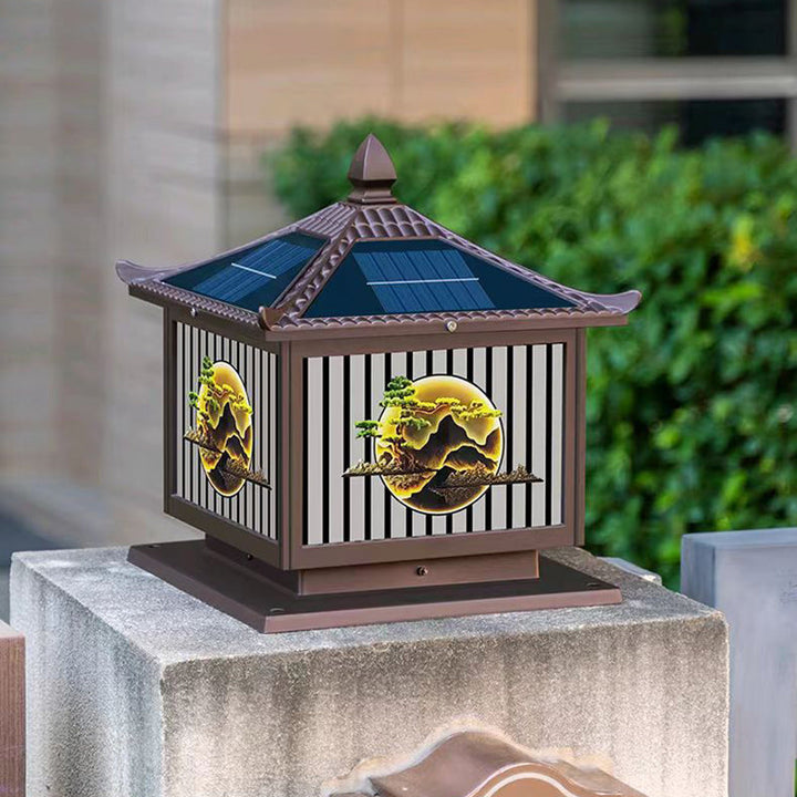 Traditional Chinese Solar Waterproof Aluminum PC Glass Pine Tree Square Cylinder LED Landscape Lighting Outdoor Light For Outdoor Patio | Bowlift