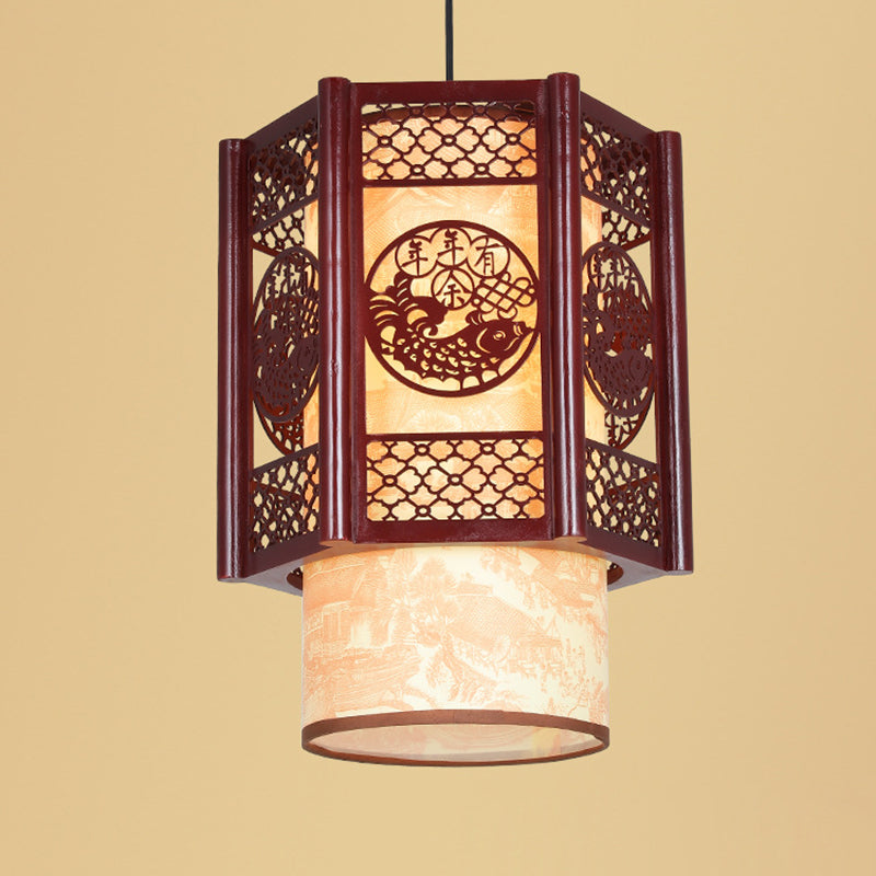 BowLift | Traditional Chinese Wood-PVC Cylinder Lantern Carved Fish 1-Light Pendant Lamp for the Dining Room