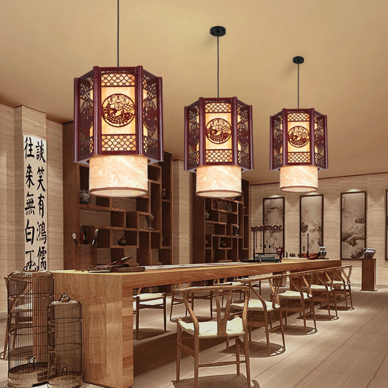 BowLift | Traditional Chinese Wood-PVC Cylinder Lantern Carved Fish 1-Light Pendant Lamp for the Dining Room