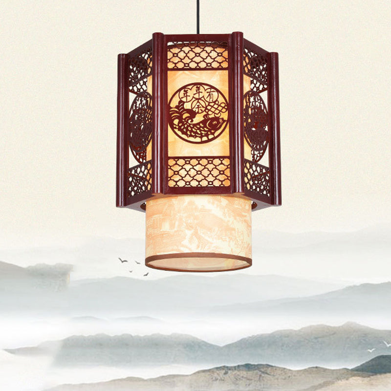 BowLift | Traditional Chinese Wood-PVC Cylinder Lantern Carved Fish 1-Light Pendant Lamp for the Dining Room