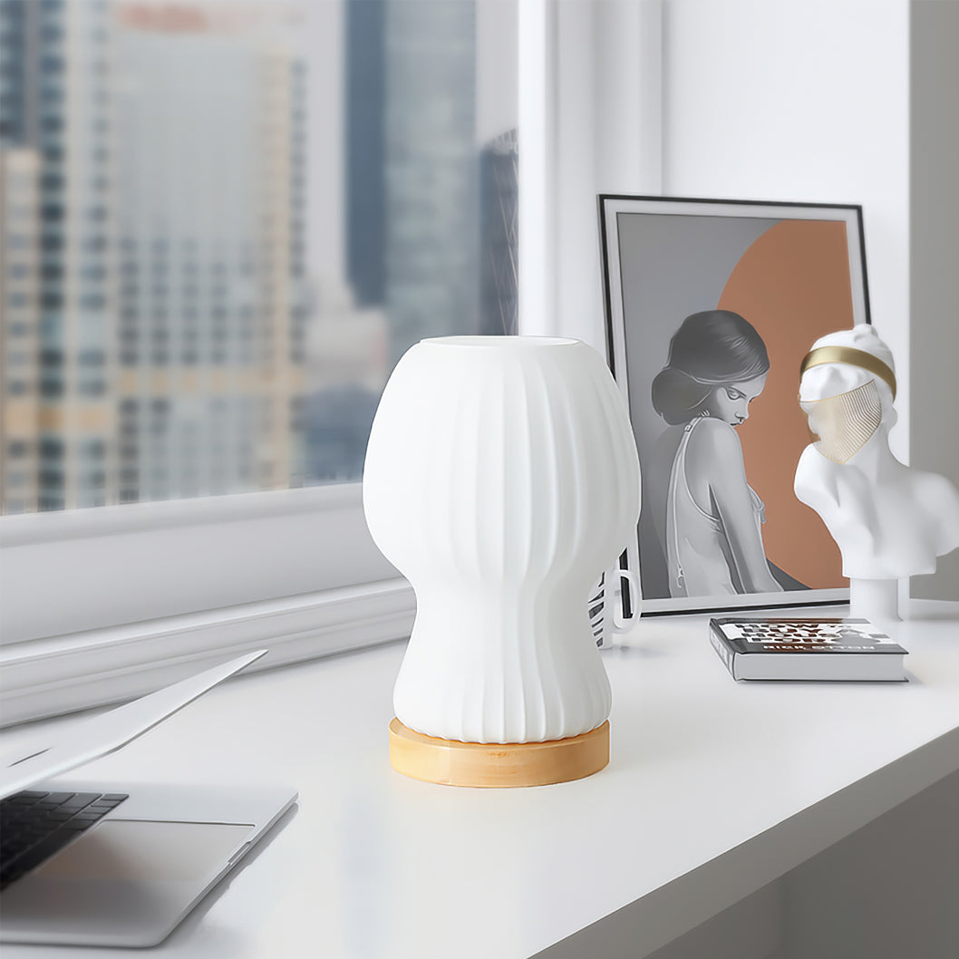 BowLift | GlowBeam – Folded Glass Table Lamp with Wooden Accent