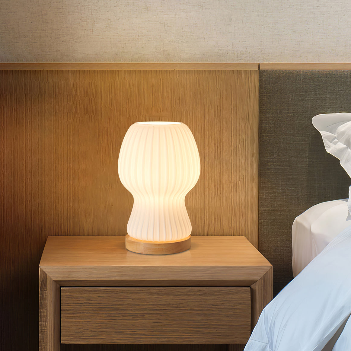 BowLift | GlowBeam – Folded Glass Table Lamp with Wooden Accent