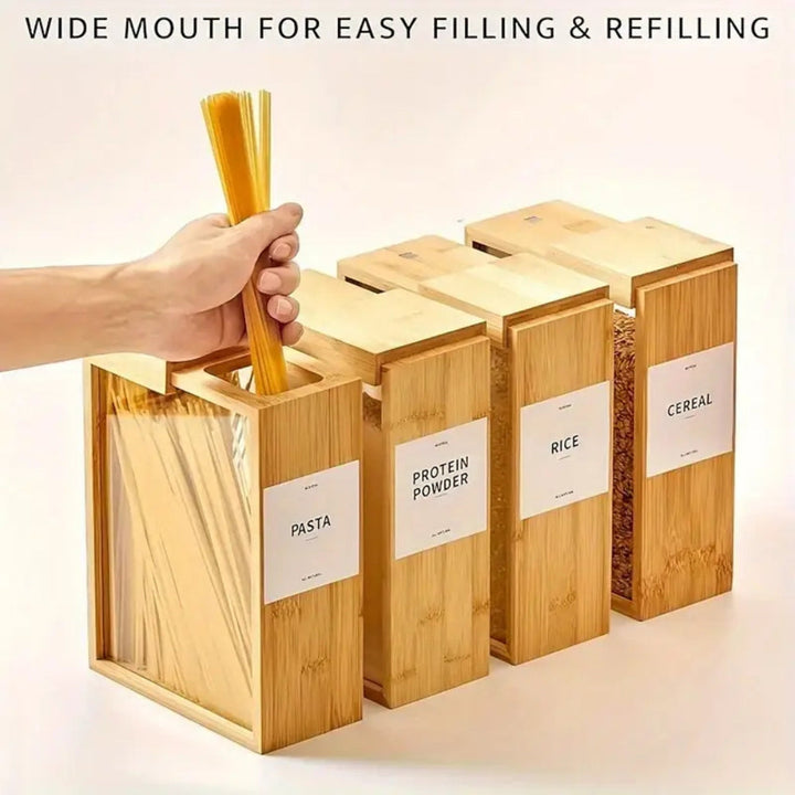 BowLift | Sliding Bamboo Wood Pasta Grain Storage Container