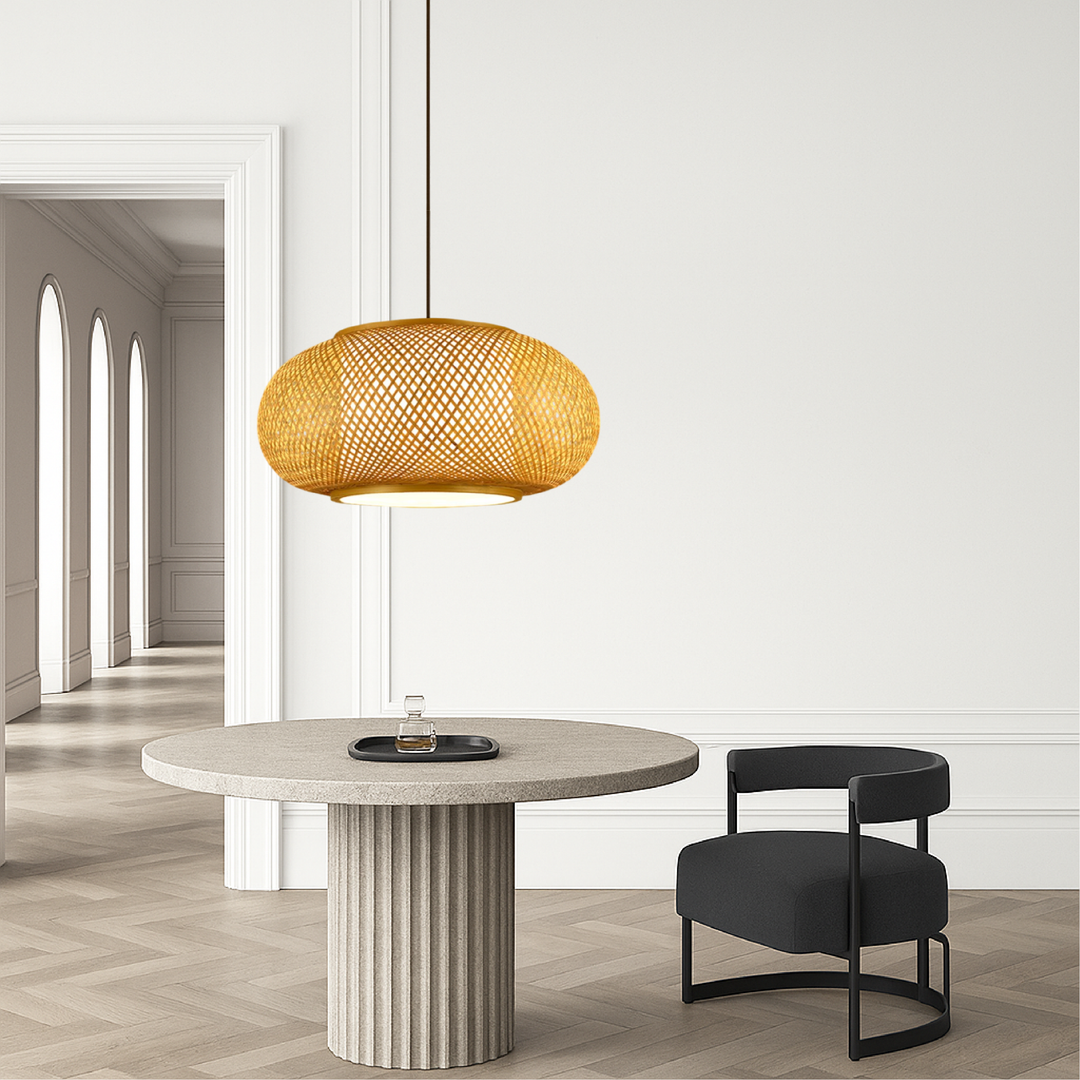 BowLift | Bamboo Hanging Lamp with Height Adjustment – Modern Lamp for Living Room and Dining Room, Soft LED Light