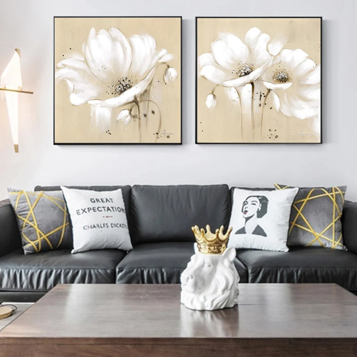 Beige White Petal Flower Wall Art Fine Art Canvas Prints Modern Botanical Square Format Floral Pictures For Living Room Bedroom Decor | Bowlift