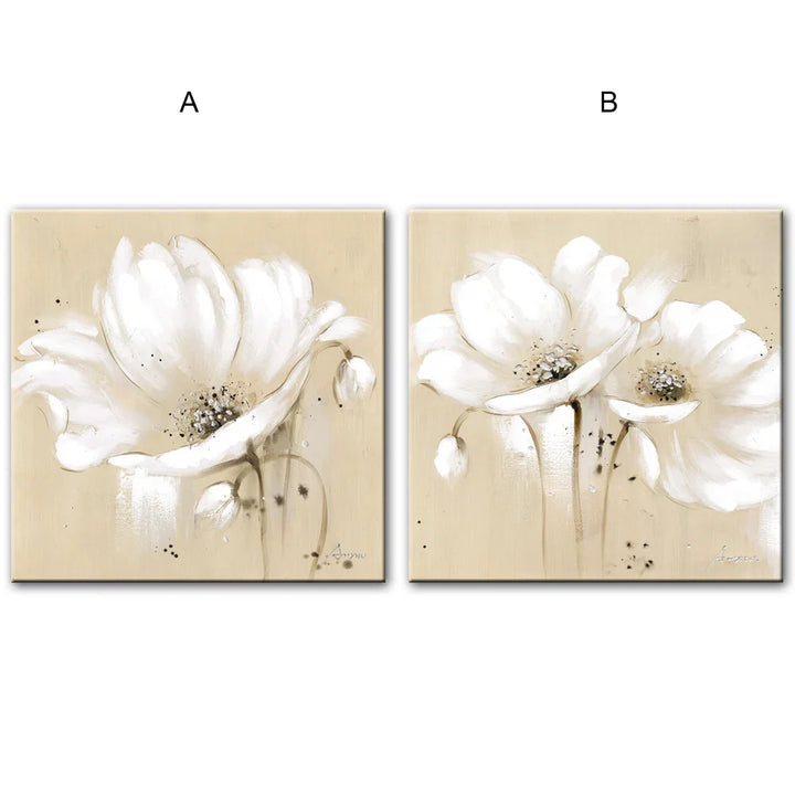 Beige White Petal Flower Wall Art Fine Art Canvas Prints Modern Botanical Square Format Floral Pictures For Living Room Bedroom Decor | Bowlift