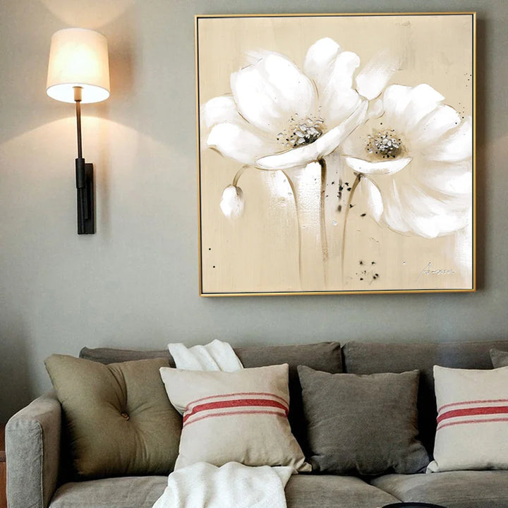 Beige White Petal Flower Wall Art Fine Art Canvas Prints Modern Botanical Square Format Floral Pictures For Living Room Bedroom Decor | Bowlift