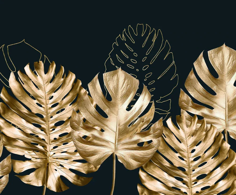 Big Sizes Wide Format Tropical Botanical Wall Art Fine Art Canvas Prints Golden Monstera Palm Leaves Pictures For Above The Bed Art For Above The Sofa | Bowlift