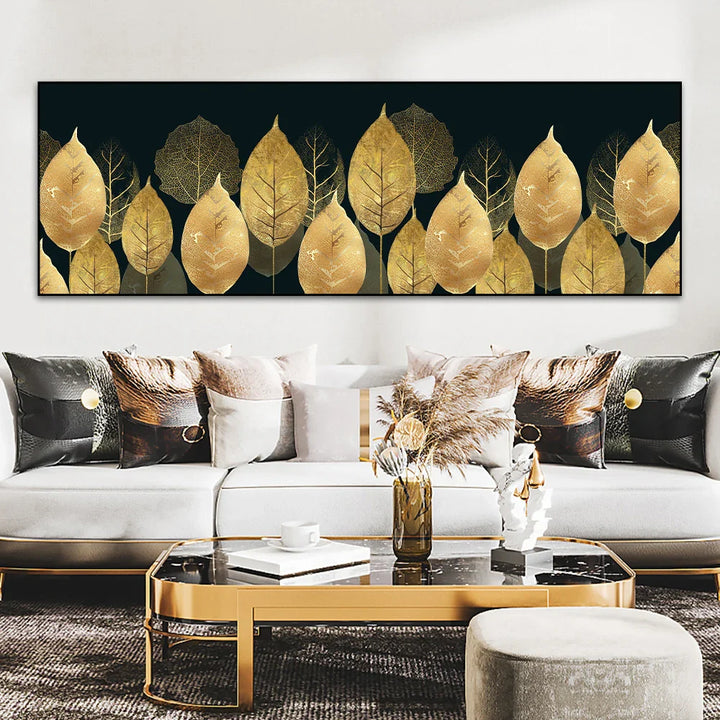 Big Sizes Wide Format Tropical Botanical Wall Art Fine Art Canvas Prints Golden Monstera Palm Leaves Pictures For Above The Bed Art For Above The Sofa | Bowlift