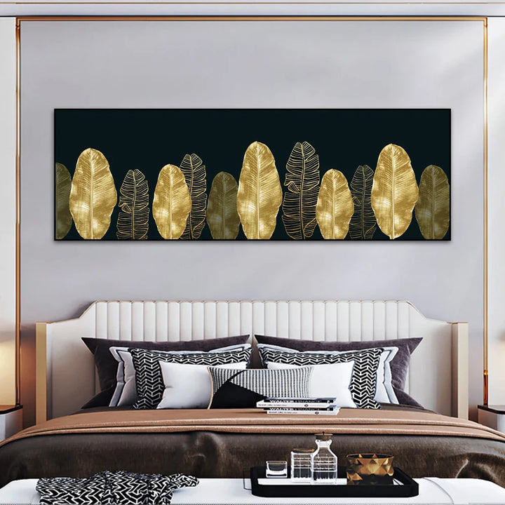 Big Sizes Wide Format Tropical Botanical Wall Art Fine Art Canvas Prints Golden Monstera Palm Leaves Pictures For Above The Bed Art For Above The Sofa | Bowlift