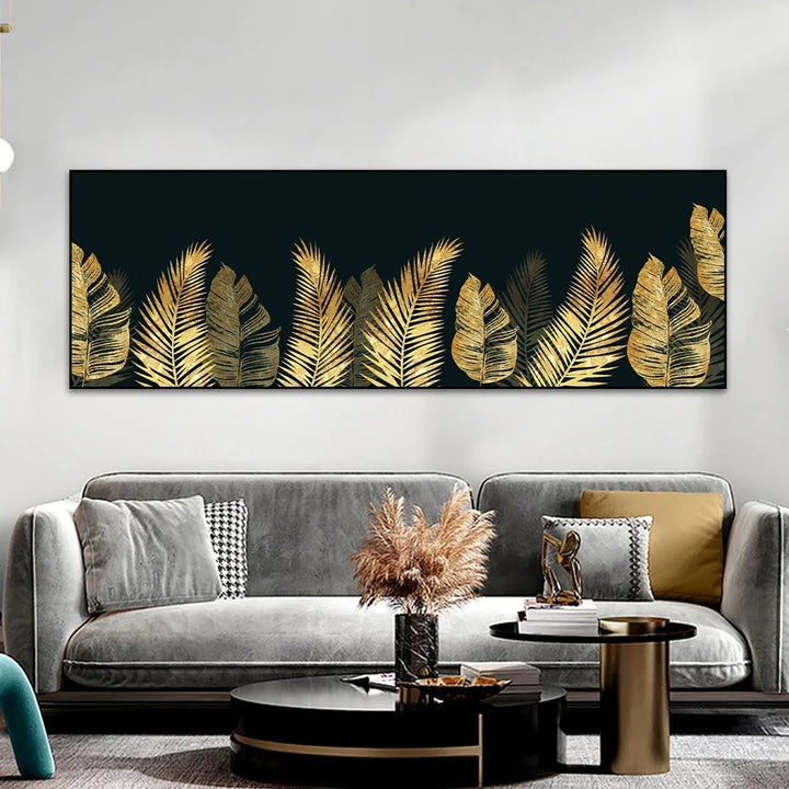Big Sizes Wide Format Tropical Botanical Wall Art Fine Art Canvas Prints Golden Monstera Palm Leaves Pictures For Above The Bed Art For Above The Sofa | Bowlift