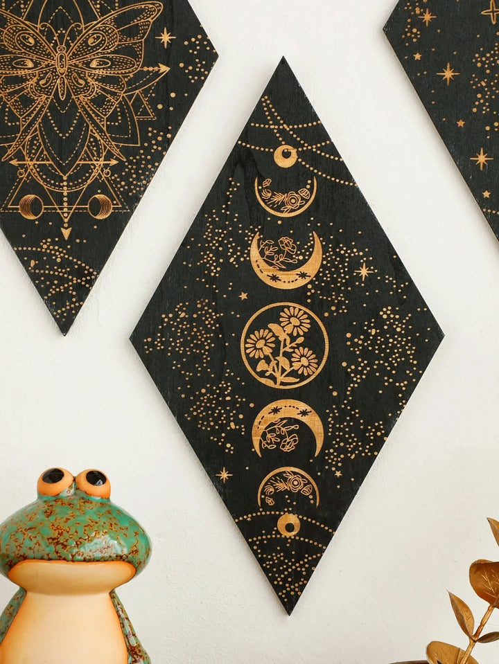 BowLift | Black Moon Phases Wooden Wall Decoration Rhombus Wall Art Boho Home Decor Witch Tapestry Decoration Room Decor Aesthetic Gift