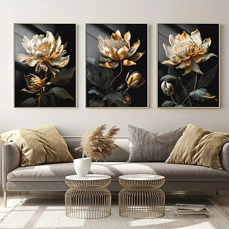 Black Golden Floral Wall Art Fine Art Canvas Prints Modern Botanical Pictures For Living Room Bedroom Light Luxury Home Decor | Bowlift