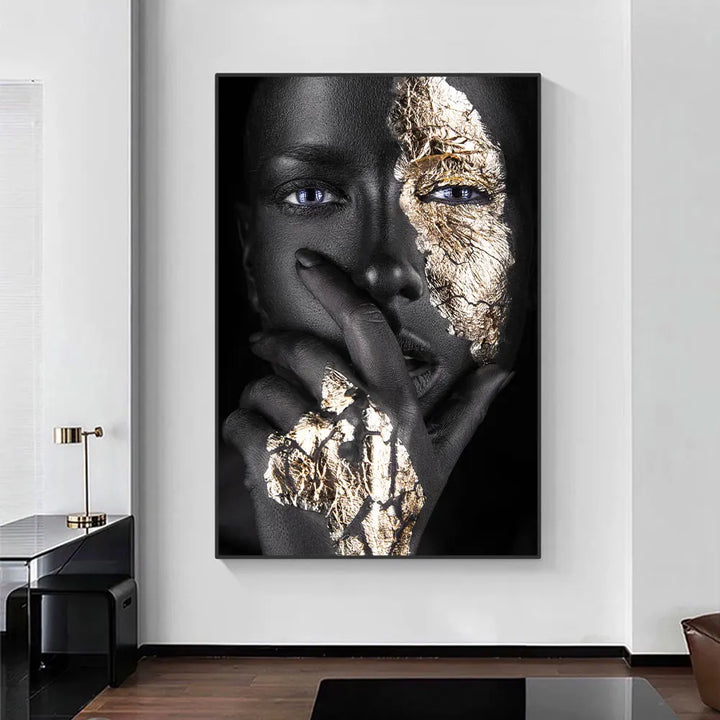 Black Golden African Woman Poster Wall Art Fine Art Canvas Print Portrait Picture For Modern Apartment Living Room Interior Design | Bowlift
