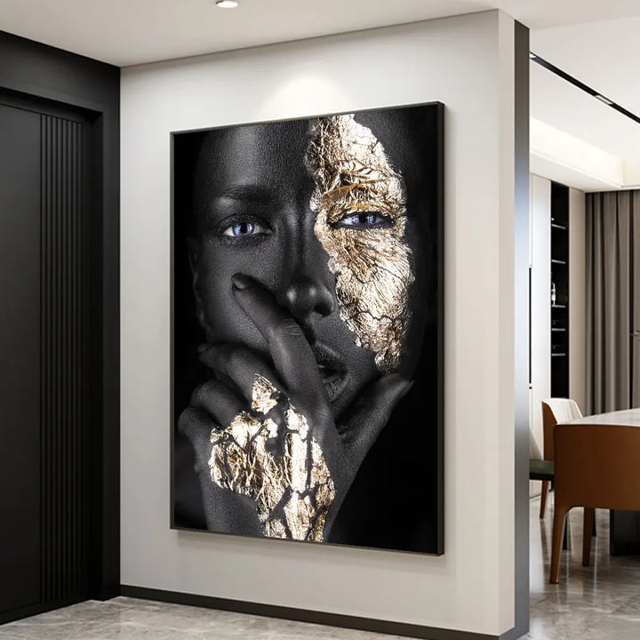 Black Golden African Woman Poster Wall Art Fine Art Canvas Print Portrait Picture For Modern Apartment Living Room Interior Design | Bowlift