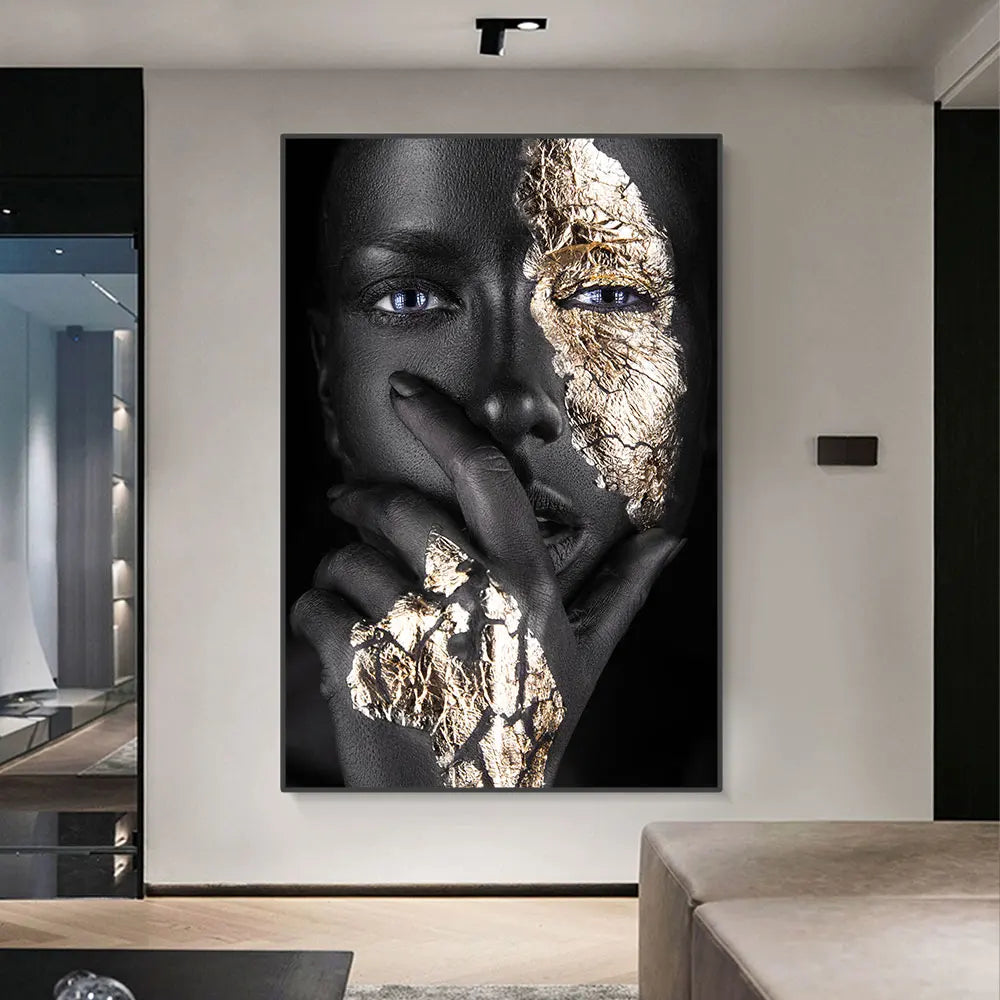 Black Golden African Woman Poster Wall Art Fine Art Canvas Print Portrait Picture For Modern Apartment Living Room Interior Design | Bowlift