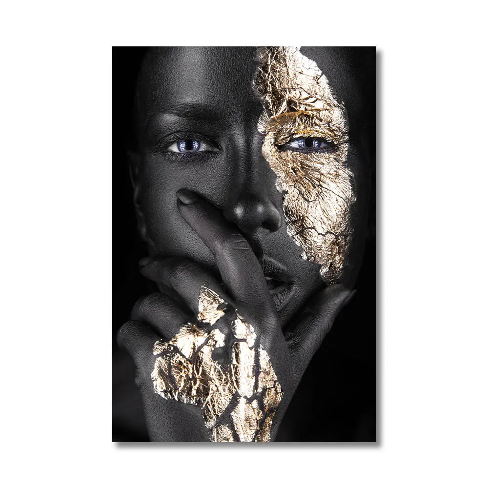 Black Golden African Woman Poster Wall Art Fine Art Canvas Print Portrait Picture For Modern Apartment Living Room Interior Design | Bowlift
