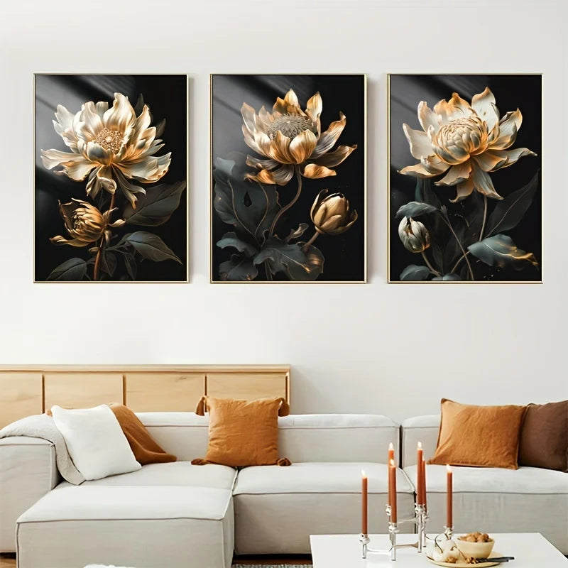 Black Golden Floral Wall Art Fine Art Canvas Prints Modern Botanical Pictures For Living Room Bedroom Light Luxury Home Decor | Bowlift