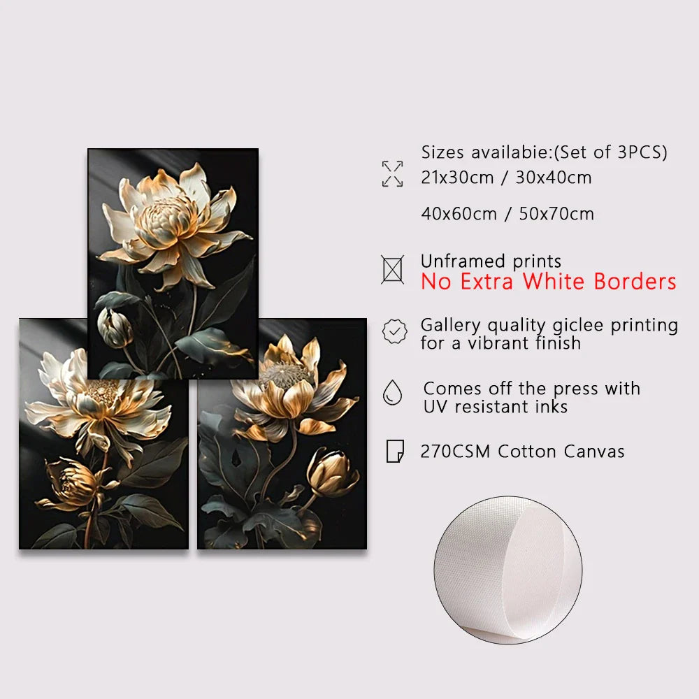 Black Golden Floral Wall Art Fine Art Canvas Prints Modern Botanical Pictures For Living Room Bedroom Light Luxury Home Decor | Bowlift