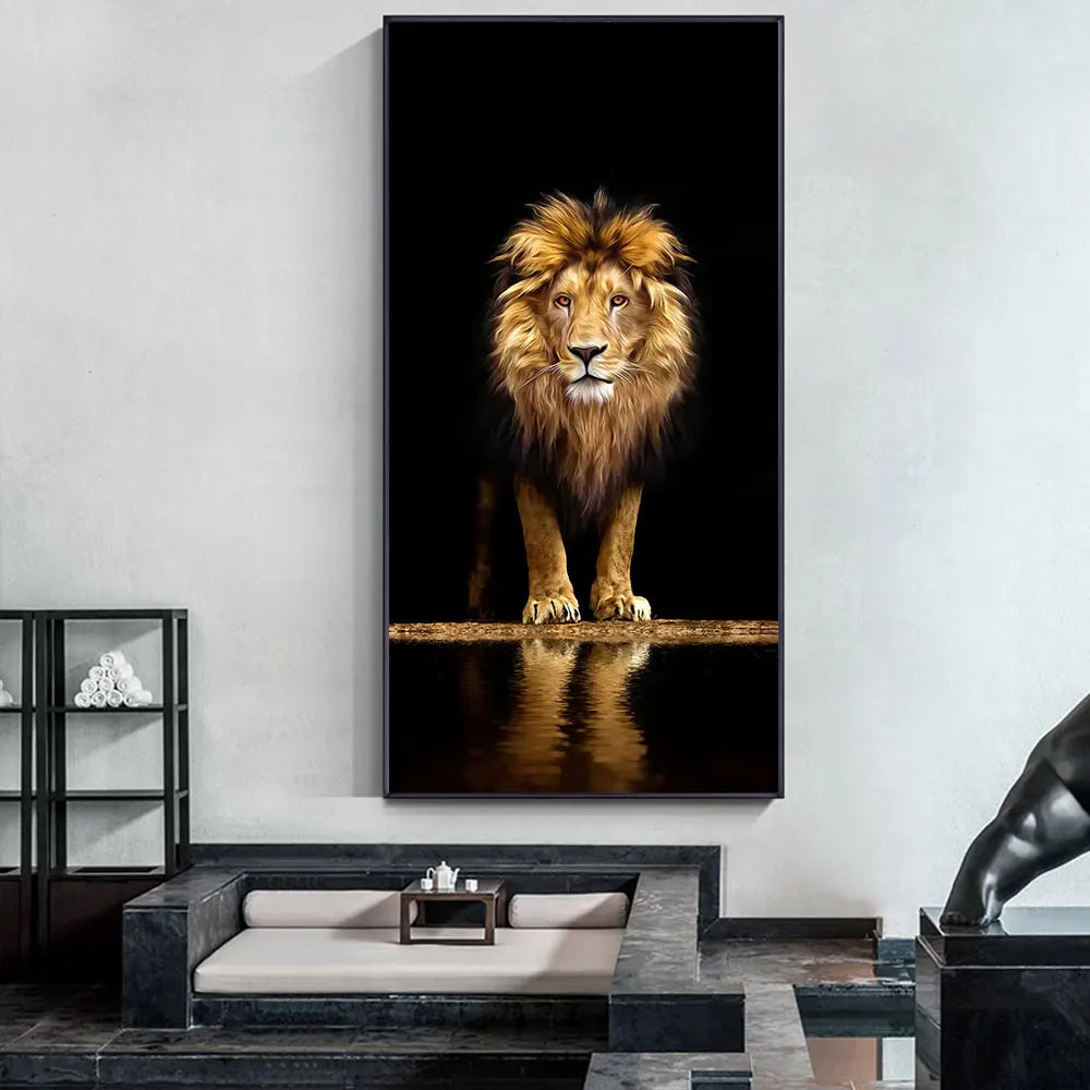 Black Golden Lion Poster Wall Art Fine Art Canvas Print Picture For Entrance Foyer Living Room Light Luxury Home Decor | Bowlift
