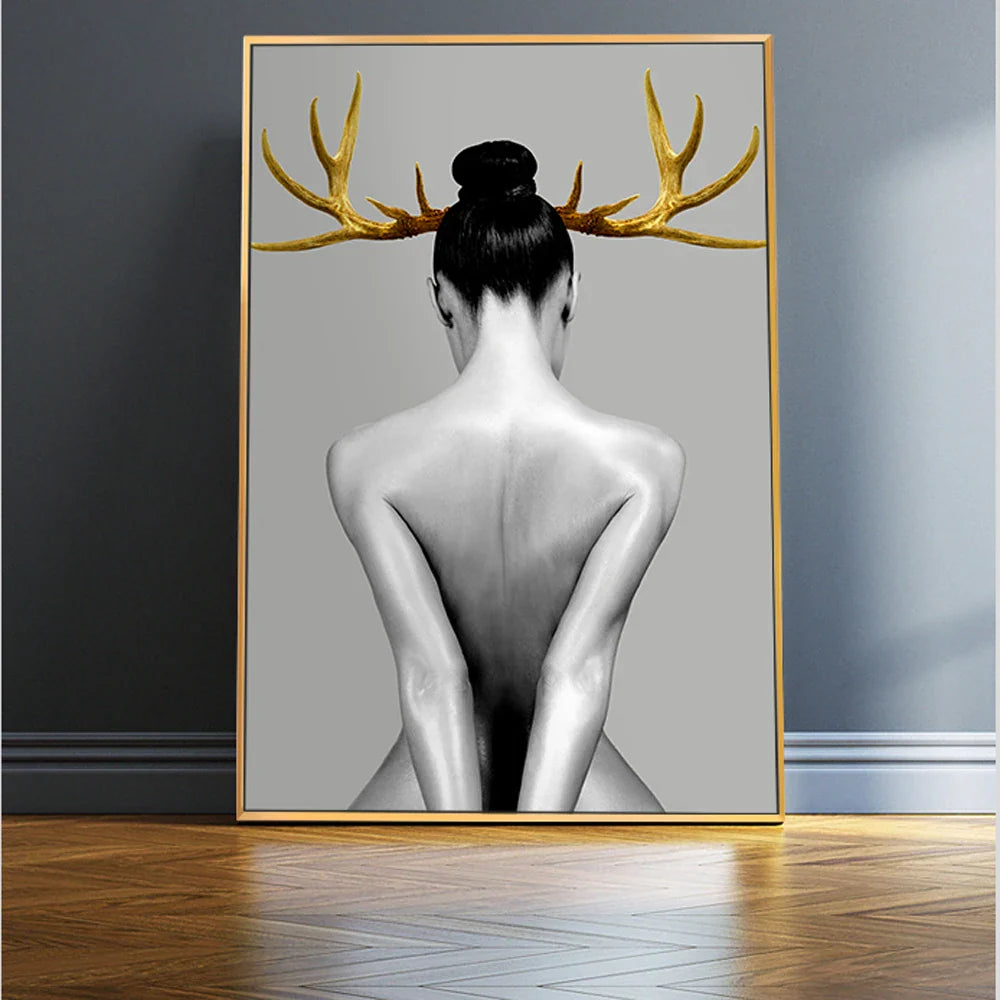 Black White Golden Antlered Girl Poster Wall Art Fine Art Canvas Prints Nordic Picture For Living Room Bedroom Studio Home Office Decor | Bowlift