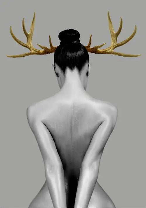 Black White Golden Antlered Girl Poster Wall Art Fine Art Canvas Prints Nordic Picture For Living Room Bedroom Studio Home Office Decor | Bowlift