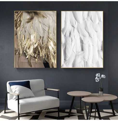 Black White Golden Feather Wall Art Fine Art Canvas Prints Chic Posters Boutique Fashion Pictures For Living Room Bedroom Hotel Salon Art Decor | Bowlift