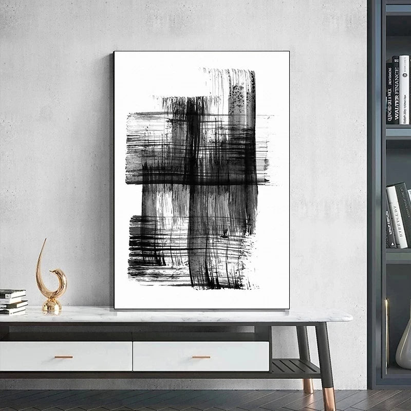 Black White Wall Art Minimalist Abstract Ink Brush Strokes Fine Art Canvas Prints Posters Pictures For Living Room Home Office Art Decor | Bowlift