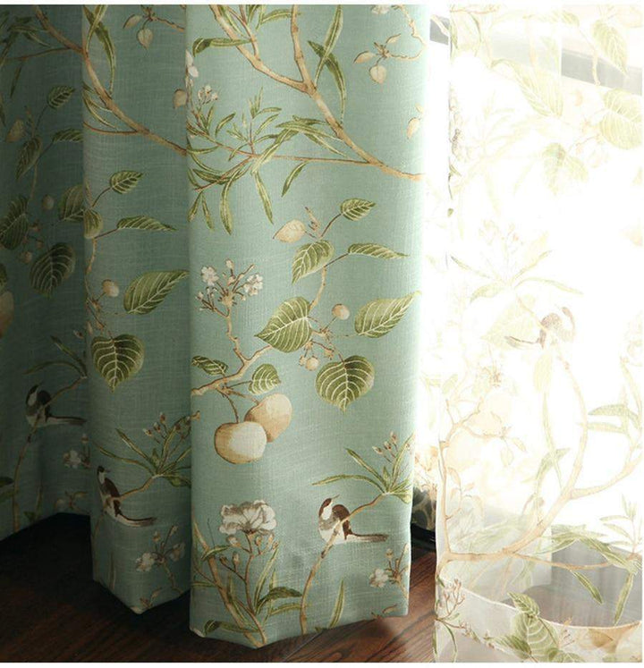 Blackout Blue Curtains with Floral Bird Patterns Bowlift