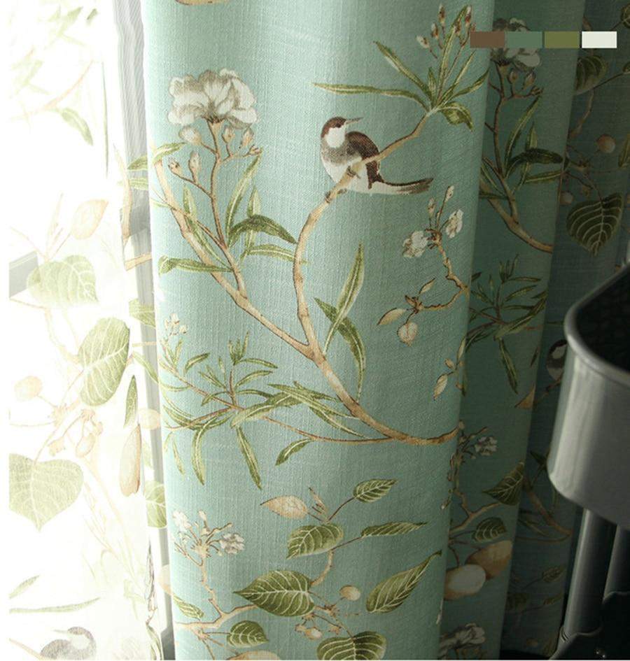 Blackout Blue Curtains with Floral Bird Patterns Bowlift