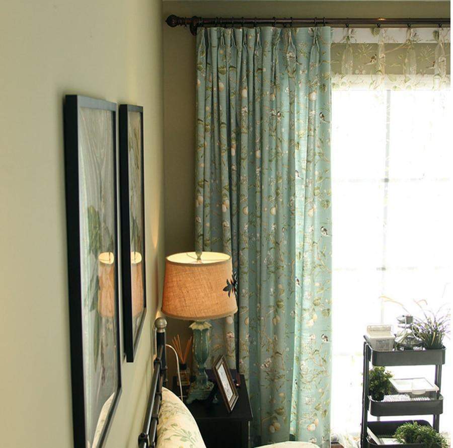 Blackout Blue Curtains with Floral Bird Patterns Bowlift