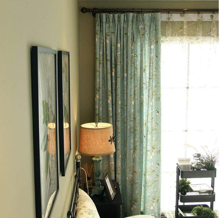 Blackout Blue Curtains with Floral Bird Patterns Bowlift
