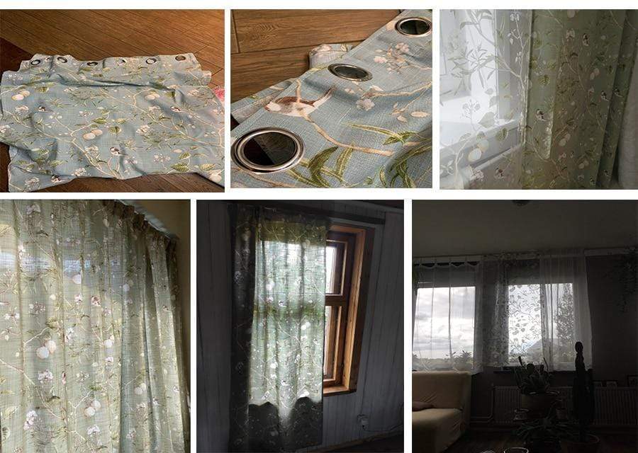 Blackout Blue Curtains with Floral Bird Patterns Bowlift