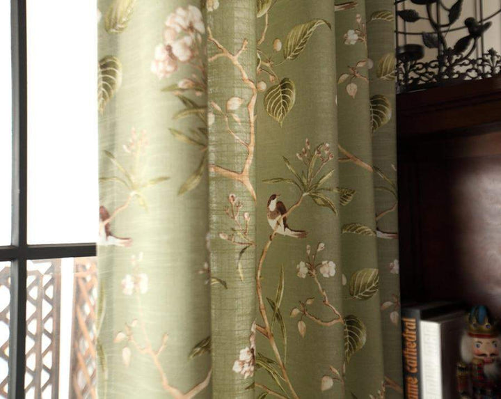 Blackout Green Curtains with Floral Bird Pattern Bowlift
