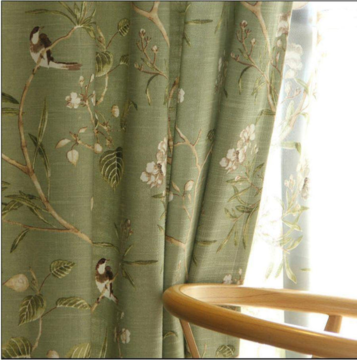 Blackout Green Curtains with Floral Bird Pattern Bowlift