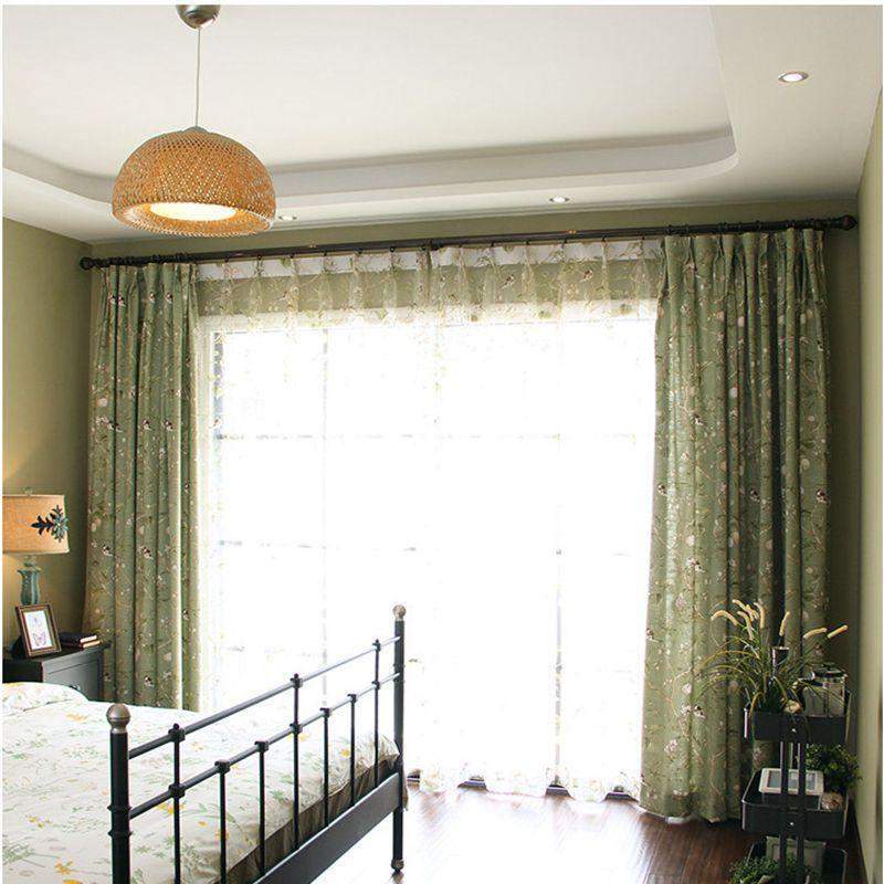 Blackout Green Curtains with Floral Bird Pattern Bowlift