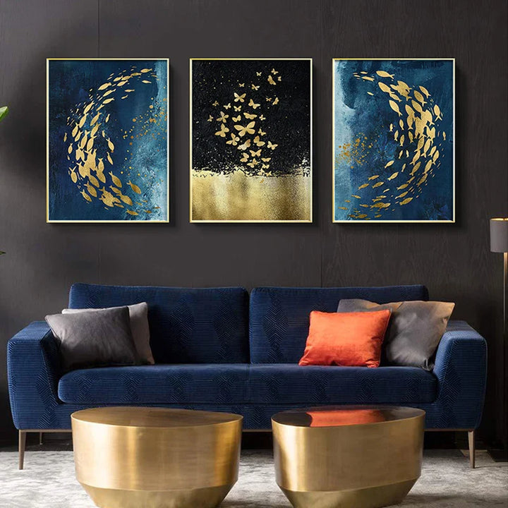 Blue Golden Birds and Butterflies Wall Art Fine Art Canvas Prints Auspicious Abstract Pictures For Living Room Bedroom Hotel Room Art Decor | Bowlift