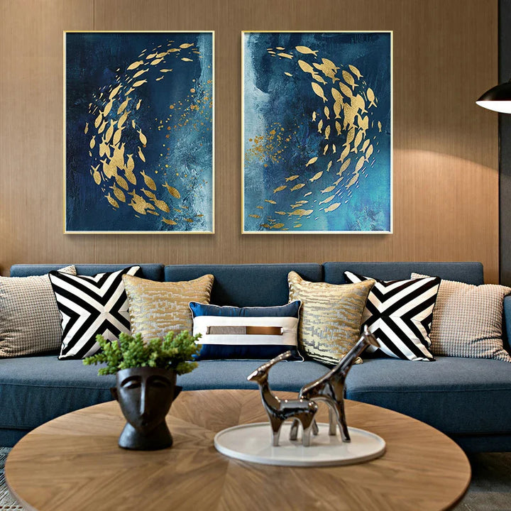 Blue Golden Birds and Butterflies Wall Art Fine Art Canvas Prints Auspicious Abstract Pictures For Living Room Bedroom Hotel Room Art Decor | Bowlift