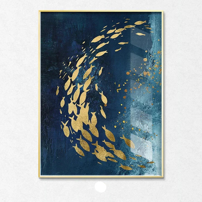 Blue Golden Birds and Butterflies Wall Art Fine Art Canvas Prints Auspicious Abstract Pictures For Living Room Bedroom Hotel Room Art Decor | Bowlift