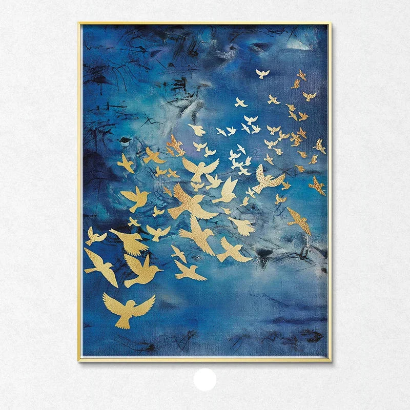 Blue Golden Birds and Butterflies Wall Art Fine Art Canvas Prints Auspicious Abstract Pictures For Living Room Bedroom Hotel Room Art Decor | Bowlift