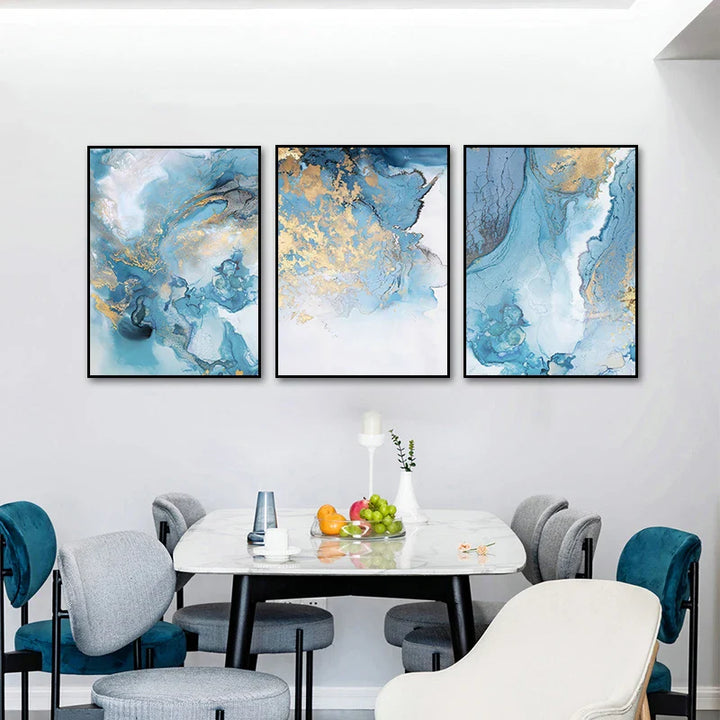 Blue Golden Marble Print Abstract Wall Art Fine Art Canvas Prints Pictures For Living Room Dining Room Hotel Room Bedroom Art Decor | Bowlift