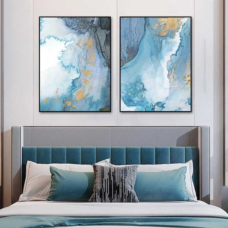 Blue Golden Marble Print Abstract Wall Art Fine Art Canvas Prints Pictures For Living Room Dining Room Hotel Room Bedroom Art Decor | Bowlift